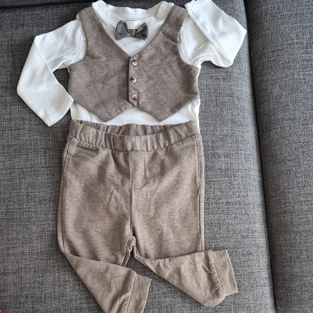 H&M White Bodysuit with Tan Vest & Pants Matching Set 2-piece Dressy Set